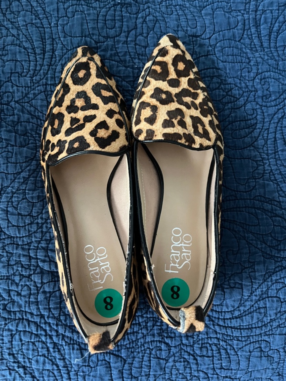 Franco Sarto Leopard Print Pointed Toe Flats - Tan and Black